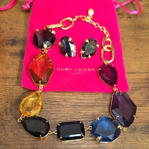 Kurt Geiger Gold Necklace with Multicolor Gemstones & Emerald Green Earrings